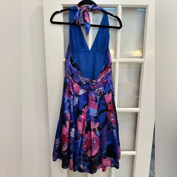 Adrianna Papell Occasions Watercolor Floral Silk Halter Fit Flare Dress Size 12 - Picture 4 of 12
